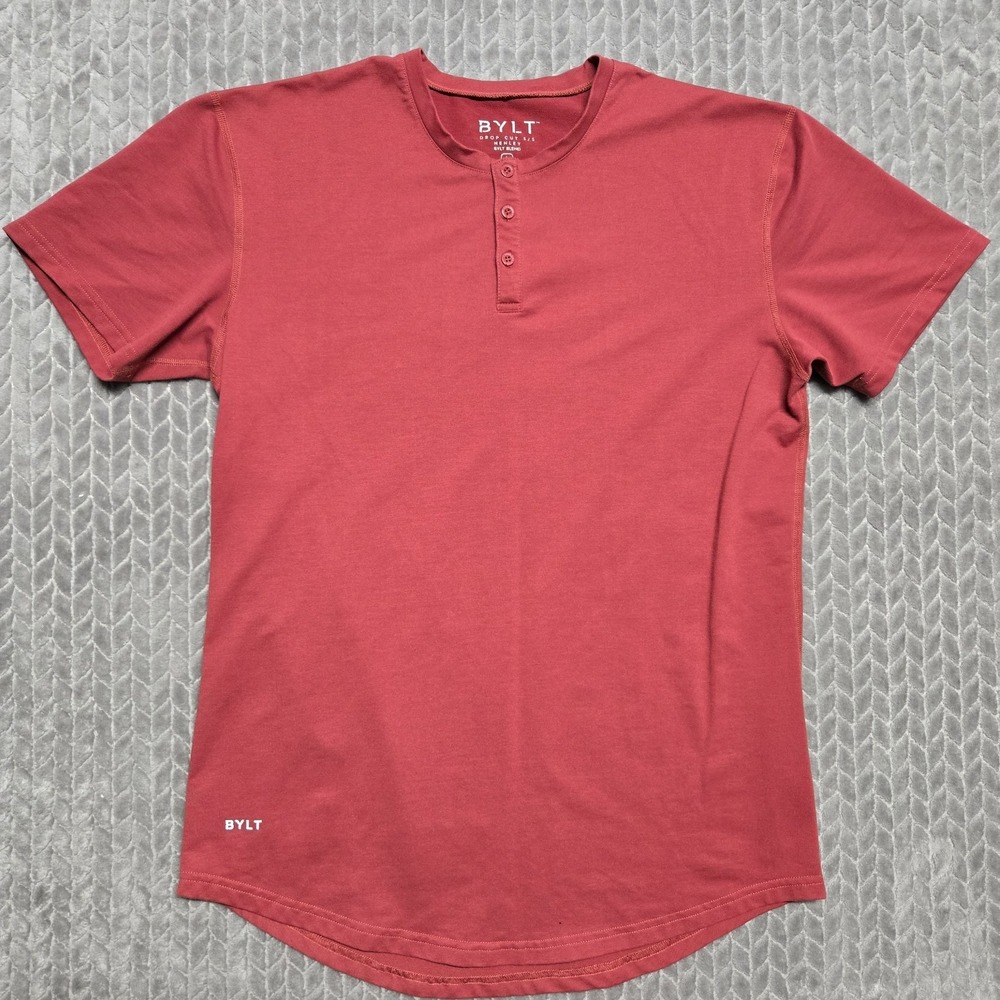 BYLT Drop Cut Henley Shirt Mens Large Red Lightweight Curved Hem Tee Casual